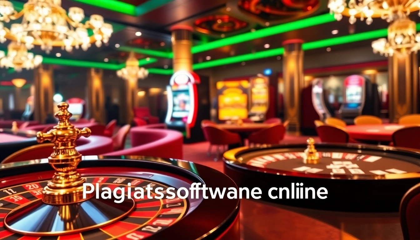 Engaging scene of a casino with Plagiatssoftware online interface, featuring poker tables and roulette wheels.