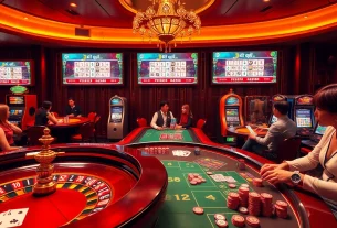 Kết quả xổ số displayed on digital screens in an elegant casino with players enjoying various games.