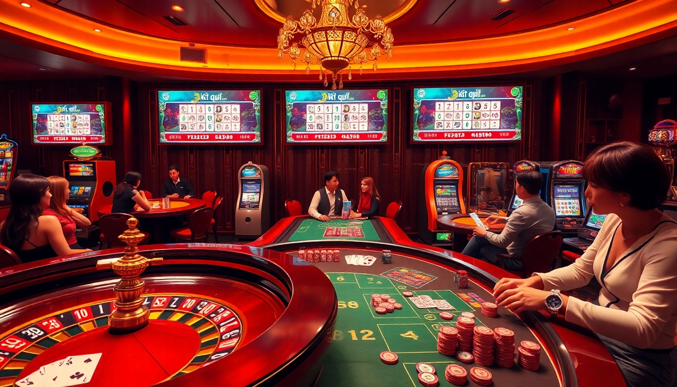 Kết quả xổ số displayed on digital screens in an elegant casino with players enjoying various games.