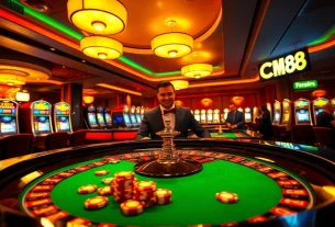 Engaging casino scene with CM88-themed roulette table attracting enthusiastic players.
