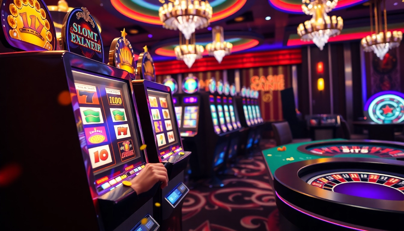 Acțiune captivantă la mașinile de sloturi, arătând Pacanele online Germania cu o ambianță vibrantă de casino.