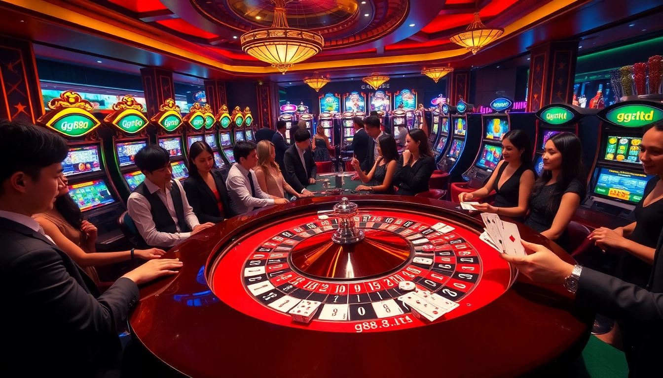 A captivating scene showcasing players engaging at a gg88.ltd roulette table with vibrant chips and cards, epitomizing luxury and excitement in online gambling.