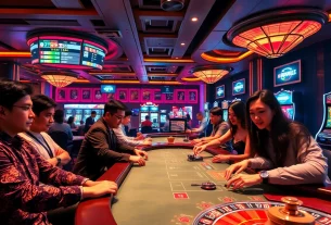 Experience the vibrant energy of 69vn.day casino gaming with players engaged in thrilling bets and colorful lights.