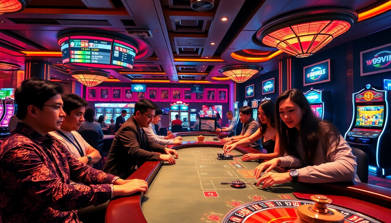 Experience the vibrant energy of 69vn.day casino gaming with players engaged in thrilling bets and colorful lights.