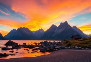 Erleben Sie Skandinavien-Reisetipps bei einem malerischen Sonnenuntergang über den Lofoten-Inseln, die friedlichen Landschaften zeigen.