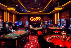 Go99 gaming excitement with vibrant casino tables, slots, and roulette wheel.