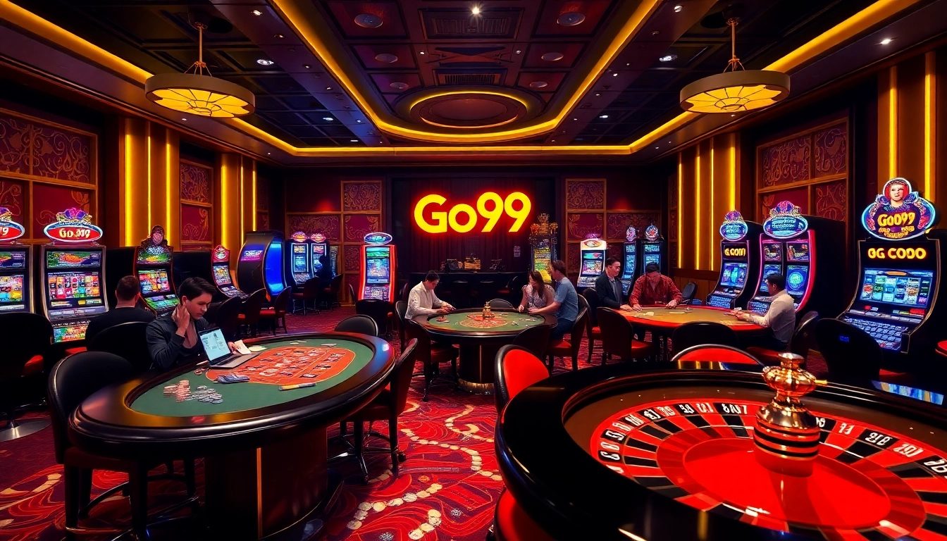 Go99 gaming excitement with vibrant casino tables, slots, and roulette wheel.