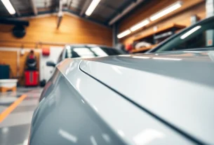 Fahrzeugaufbereitung in einem modernen Werkstatt mit einem frisch detaillierten Auto.