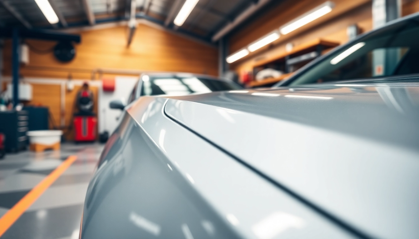 Fahrzeugaufbereitung in einem modernen Werkstatt mit einem frisch detaillierten Auto.