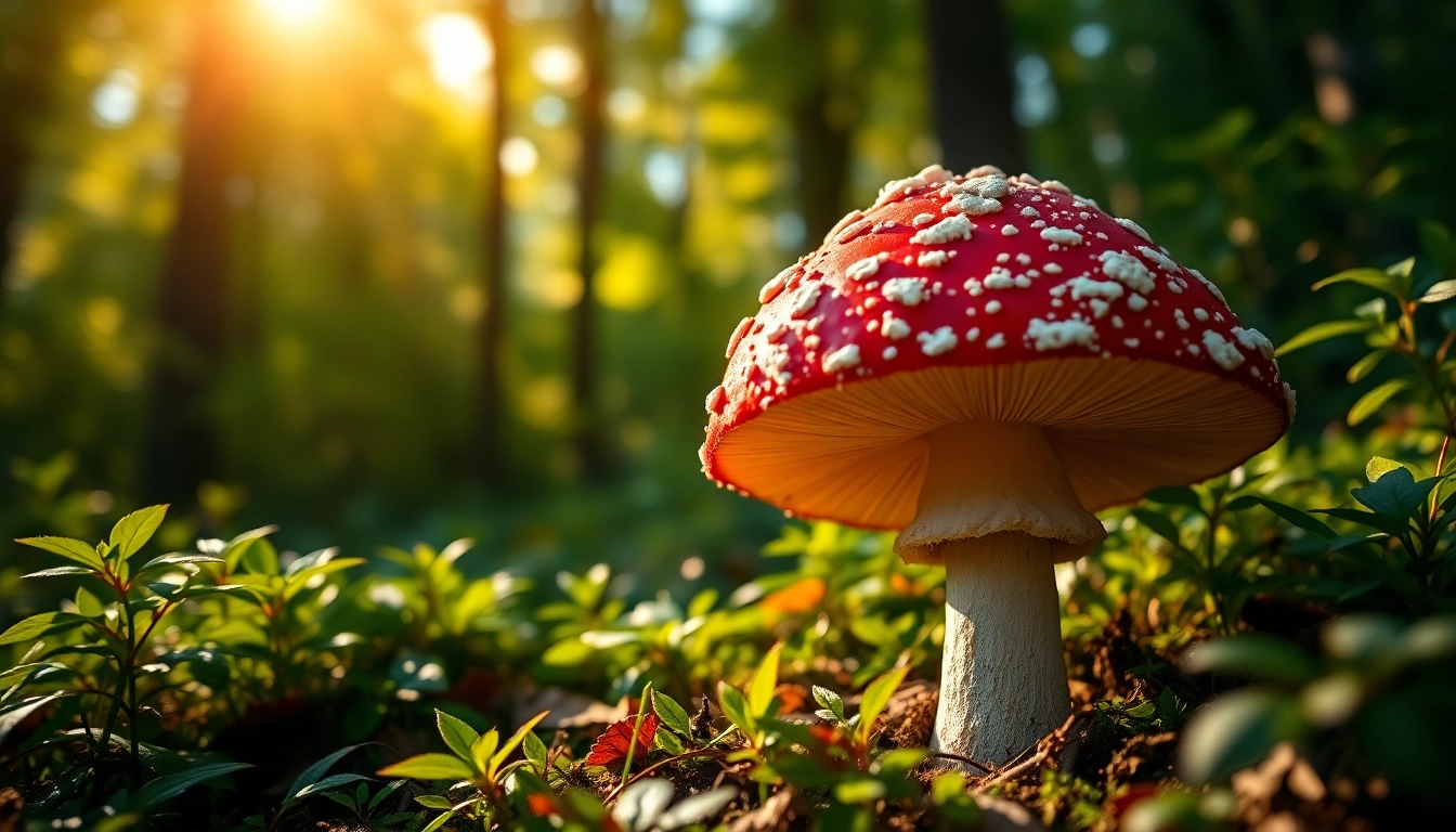 Fliegenpilz pulver in der Natur umgeben von dem charakteristischen roten Fliegenpilz mit weißen Punkten. related image
